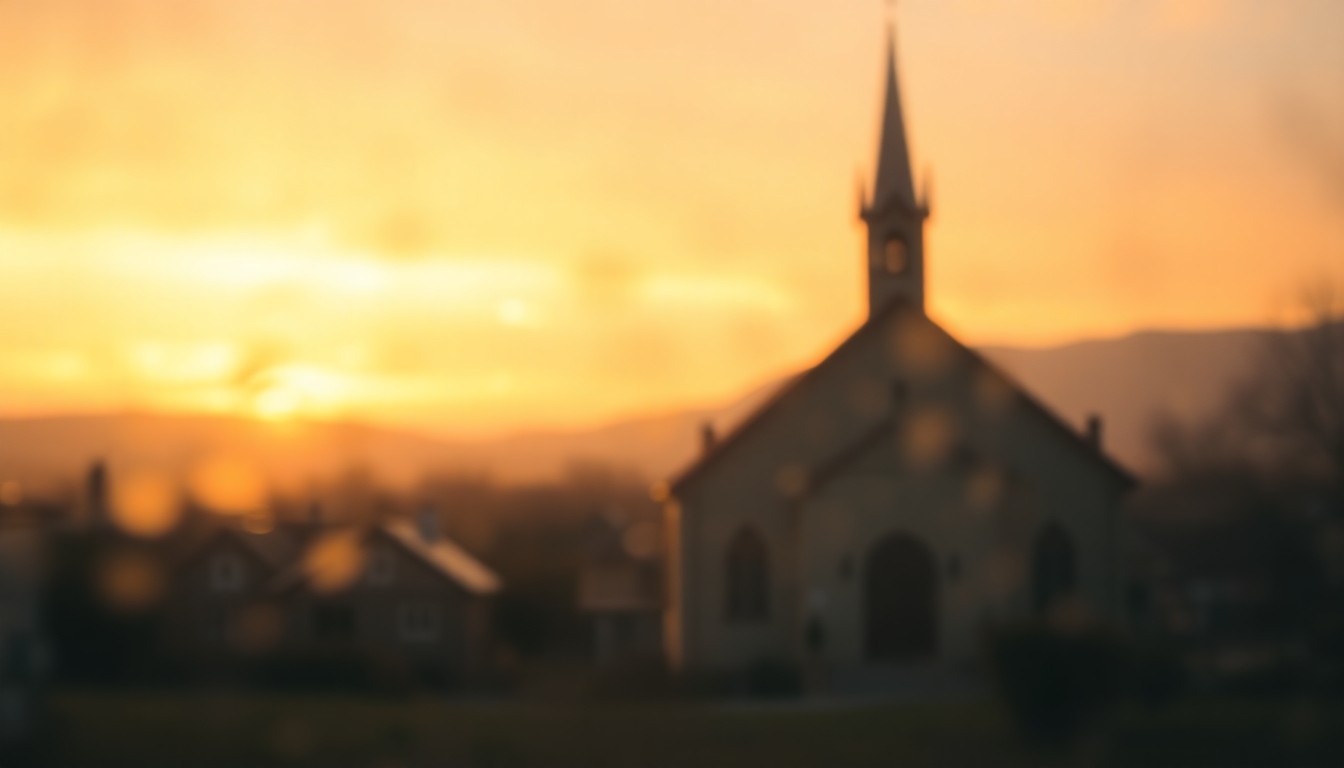 An abstract, impressionistic photograph showing the blurred outline of a small church building, with warm, golden light filtering through rain-streaked glass, conveying a sense of tranquility and devotion.