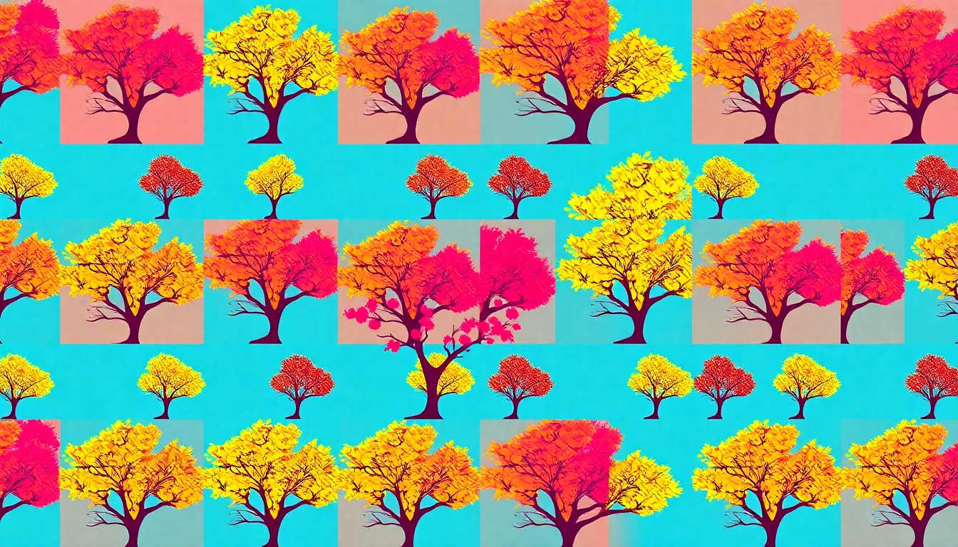 A high-contrast, silkscreen-style illustration featuring a repeated pattern of a single, iconic tree species in a grid of bright, neon-like colors, conceptually representing the diverse urban canopy of the Cabbagetown neighborhood.