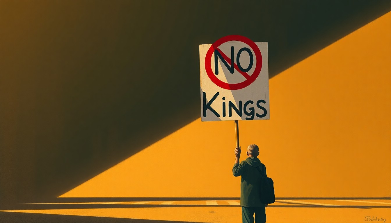 A close-up painting of a lone protester's hand holding a simple cardboard sign with the words 'No Kings' written on it, the sign's edges softly blurred and the background hazy, conveying a sense of quiet contemplation and civic engagement.
