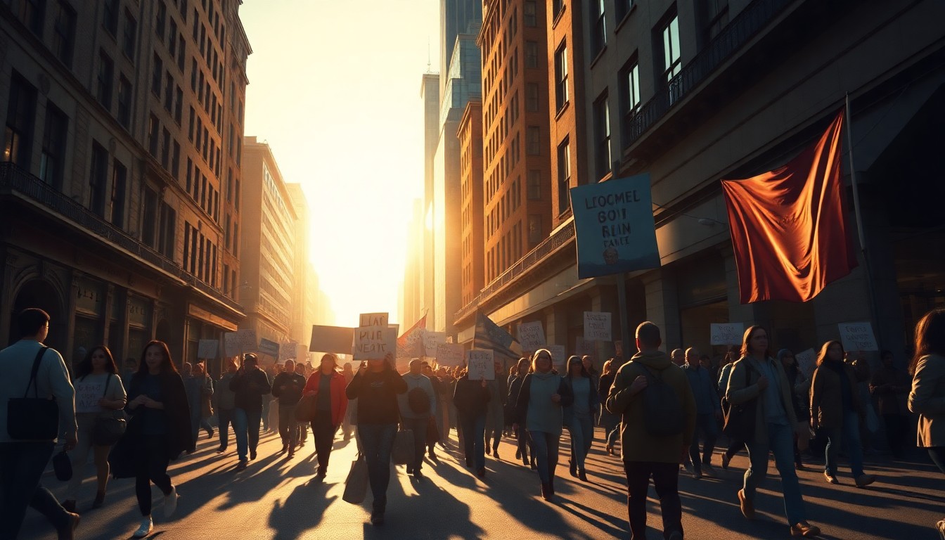 A serene, painterly scene of a group of people marching down a sun-dappled city street, their signs and banners casting long shadows across the pavement, capturing the quiet determination of a community seeking greater political voice.