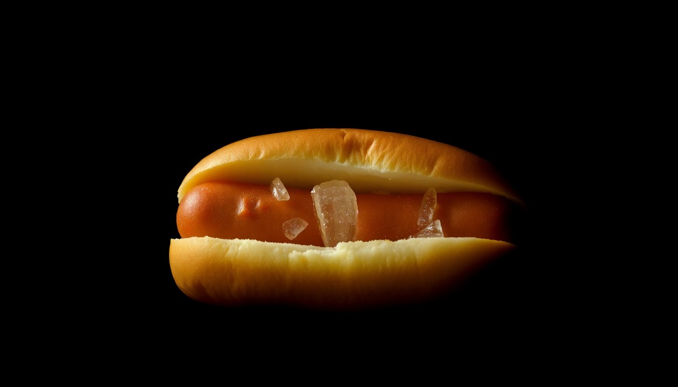 An extreme close-up photograph of a hot dog bun with a visible crystalline substance inside, captured with a harsh, direct camera flash against a pitch-black background, conceptually representing the toxic threat to the family's pets.