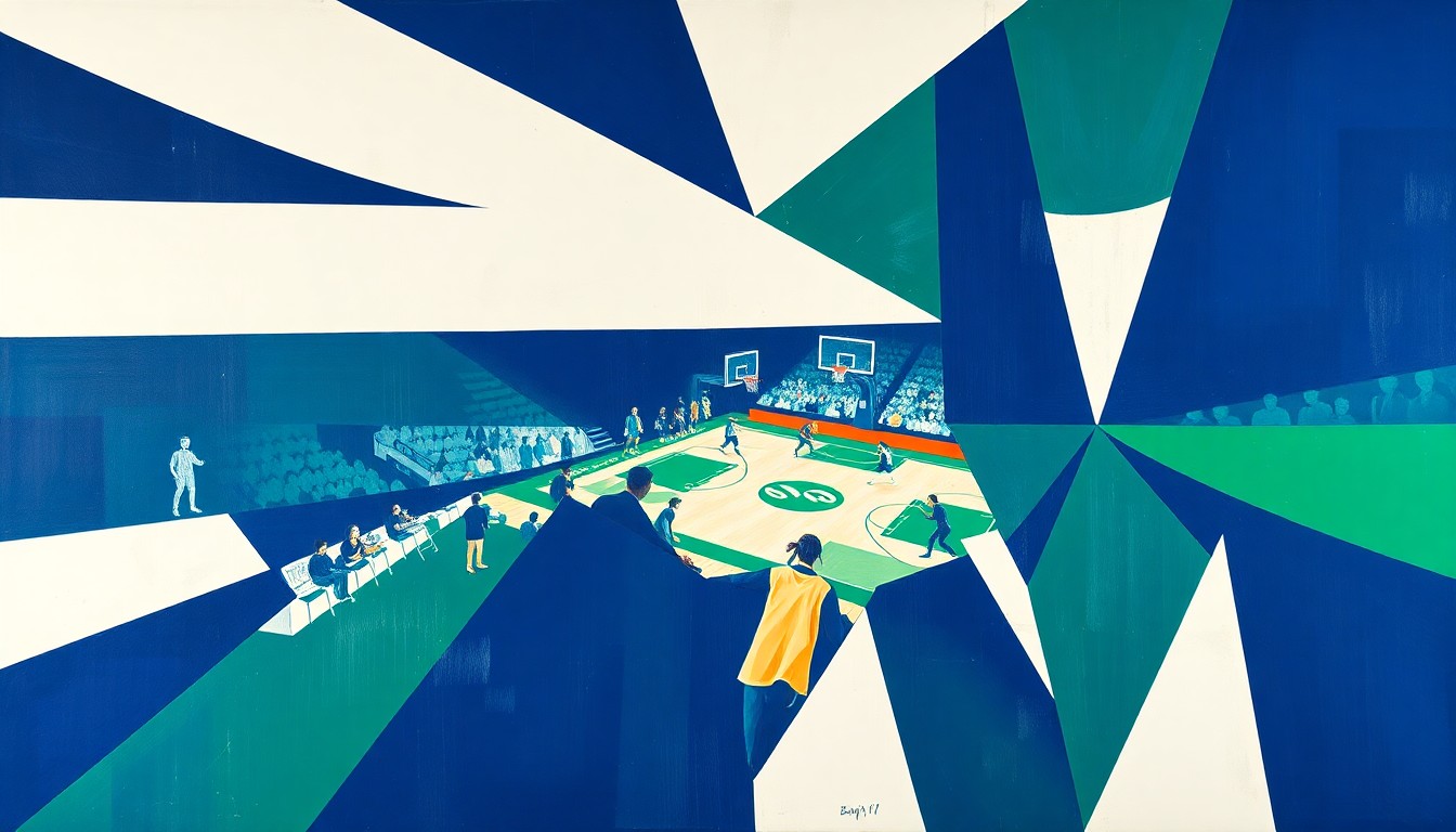 A cubist, geometric painting depicting a women's basketball game, with the court and players broken down into sharp, overlapping planes of navy blue, kelly green, and white, capturing the intensity and drama of the matchup.