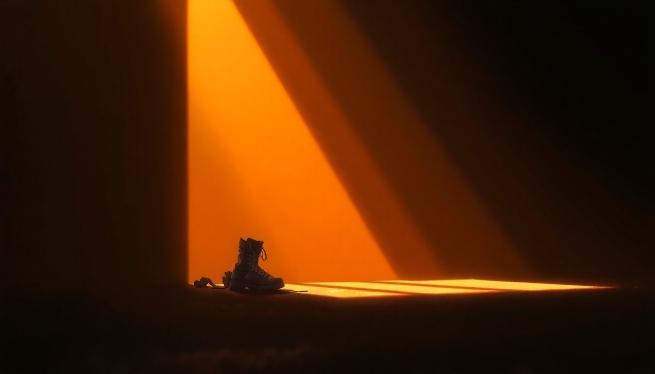 A photorealistic painting in the style of Edward Hopper, depicting a solitary military boot or uniform item resting on a wooden surface, bathed in warm, dramatic lighting that casts deep shadows, creating a contemplative and uneasy mood about the role of religion in the military.