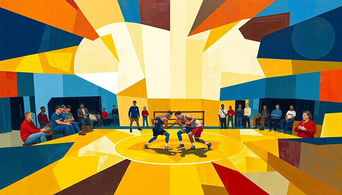 A fractured, geometric painting in bold blues, golds, reds, and whites, capturing the dynamic movements and competitive spirit of a high school wrestling match.