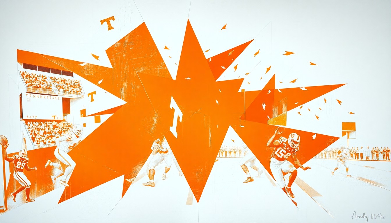 A fractured, multi-perspective painting depicting a Tennessee football scene, with sharp, overlapping geometric planes in the team's official colors of orange and white, conceptually representing the program's recruiting success.