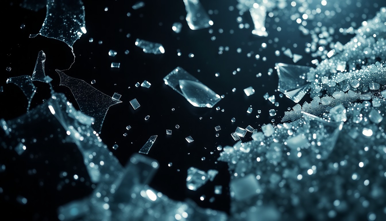 An abstract close-up photograph featuring shattered glass and glittering sequins in high-contrast studio lighting, conveying the glamour and poignancy of Eric Dane's final role on Euphoria.