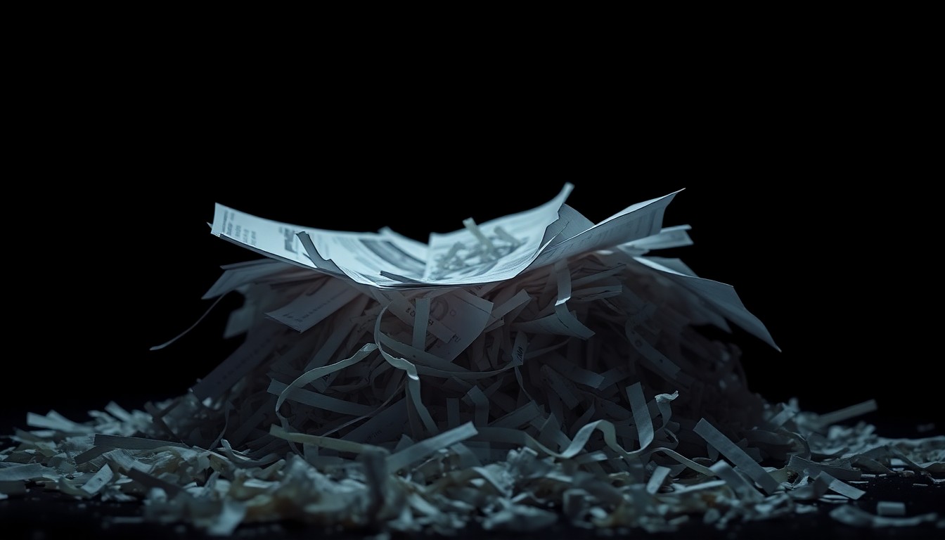An extreme close-up of a shredded document or crumpled financial records, lit by a harsh, direct camera flash against a pitch-black background, conveying a stark, gritty, and investigative mood without depicting any specific individuals or objects.