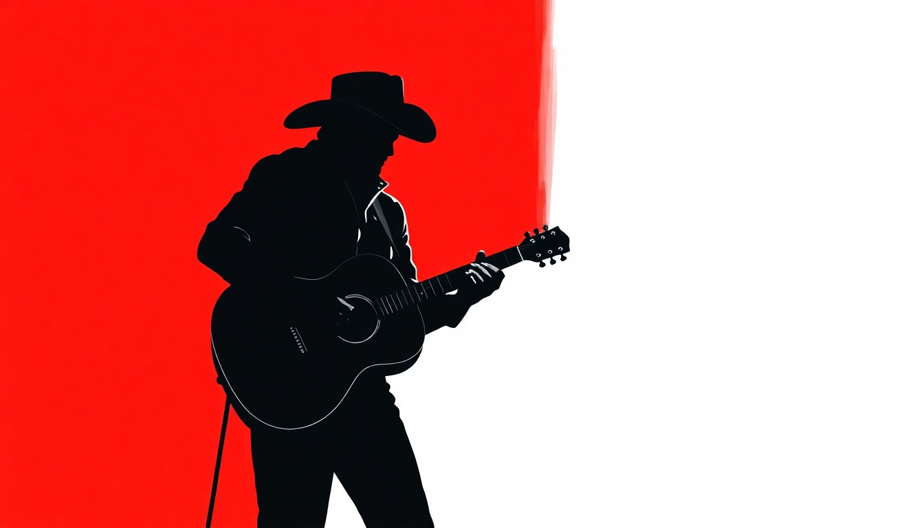 A minimalist, graphic illustration featuring bold black silhouettes of a country musician playing guitar against a high-contrast red and white background, conceptually representing the preservation of traditional country music and community-focused philanthropy.
