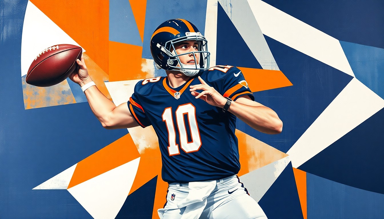 A cubist-style painting depicting a football quarterback's throwing motion broken down into sharp, overlapping geometric shapes in a palette of navy blue, orange, and white, conveying the dynamic energy and multiple perspectives of the modern NFL game.