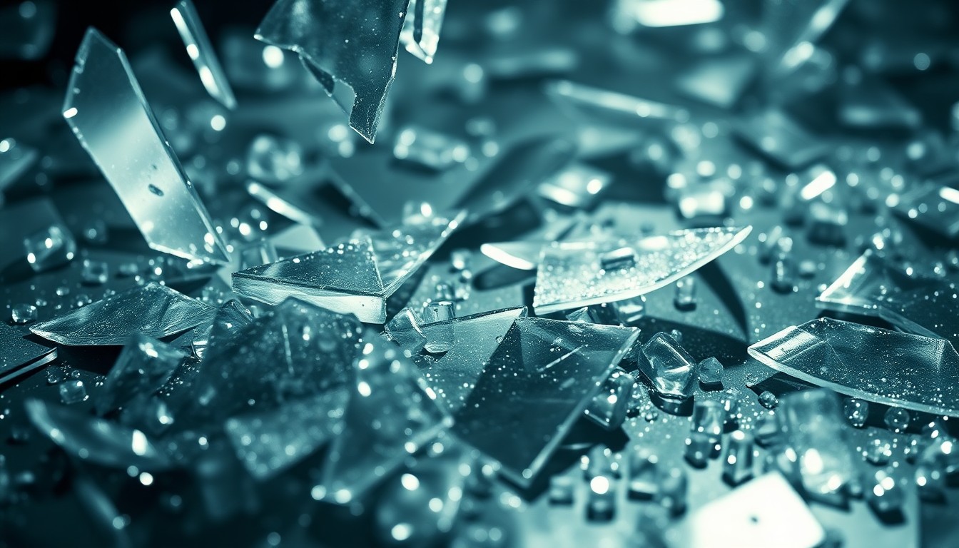 An abstract close-up photograph of shattered glass and glittering shards, reflecting a dim, moody light to conceptually represent the broken luxury and shattered illusions surrounding the Epstein scandal.