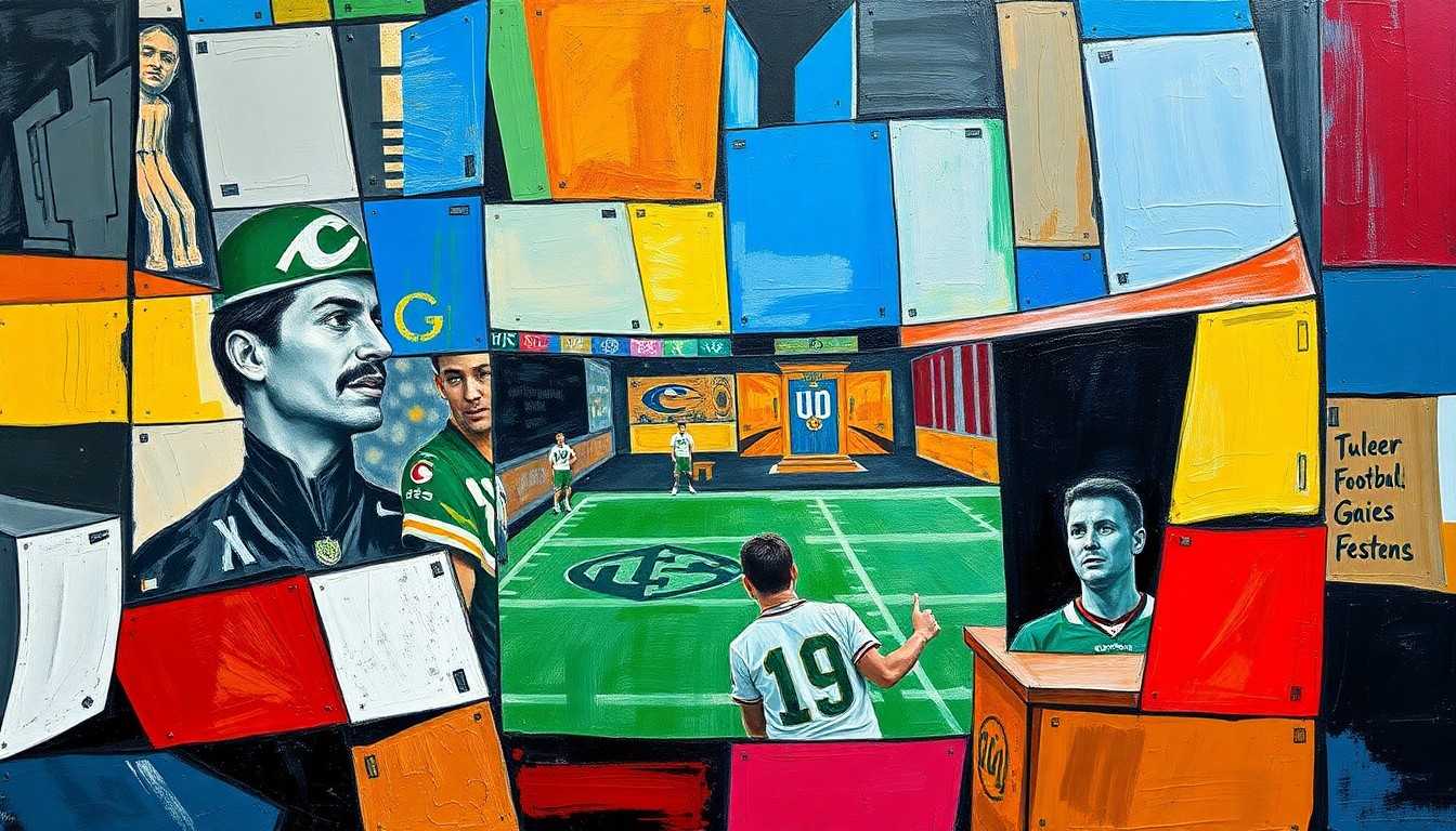 A cubist, geometric painting depicting the complex negotiations and decision-making involved in an NFL draft trade, with overlapping planes and shapes representing the various factors and perspectives at play.