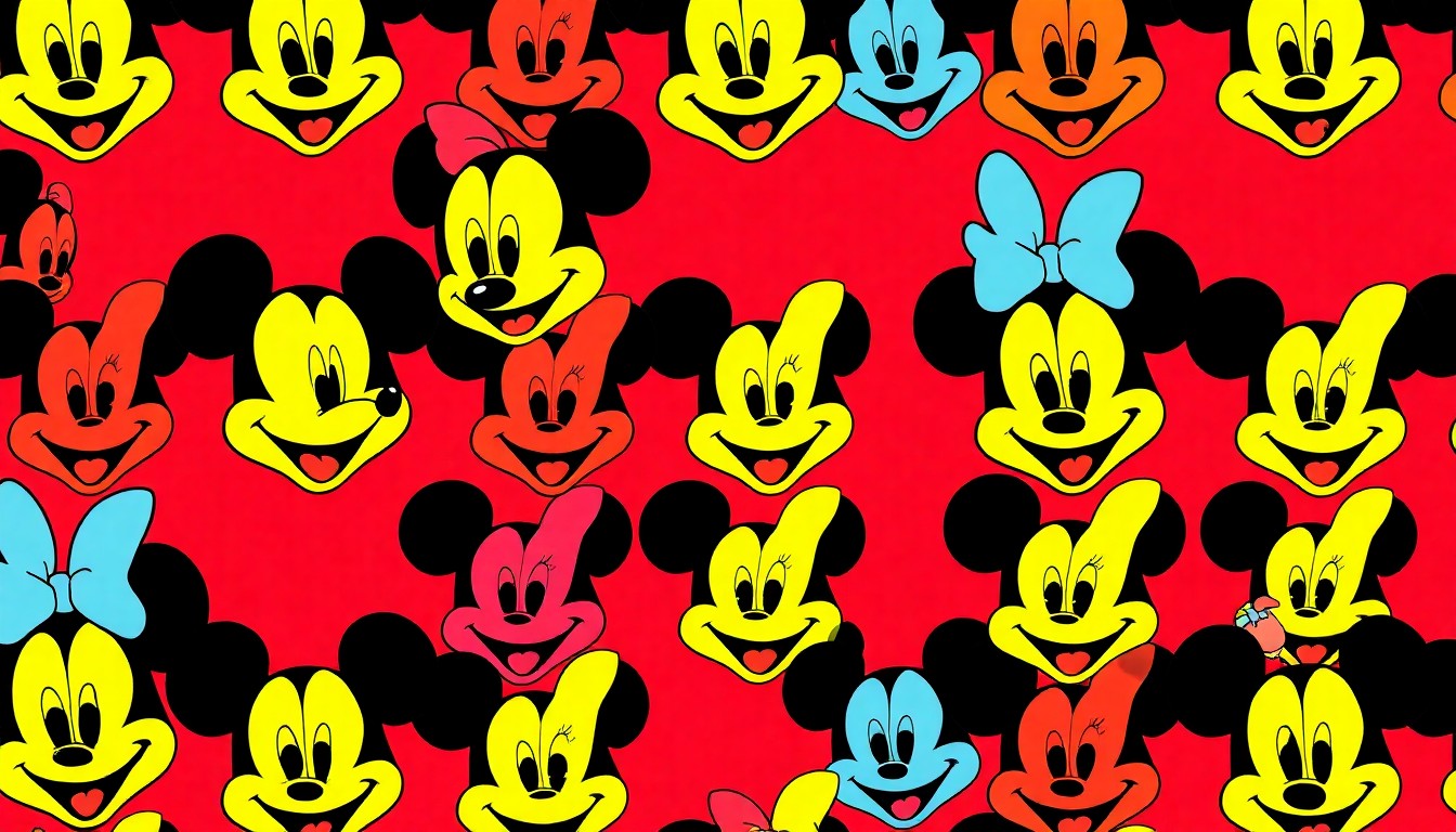A brightly colored, high-contrast silkscreen print of a single, iconic Disney character repeated in a tight grid pattern, utilizing flat, vibrant, and unnatural neon color palettes overlapping with heavy black photographic outlines to turn a classic Disney icon into modern pop art.