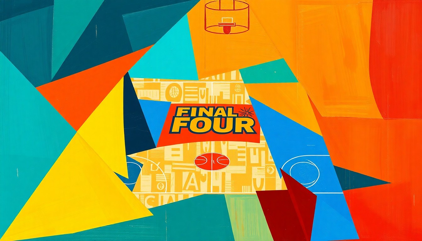 A fractured, cubist-style painting depicting the Women's Final Four basketball court, with the hardwood surface broken down into sharp, overlapping planes of bright teal, orange, blue, and red colors.