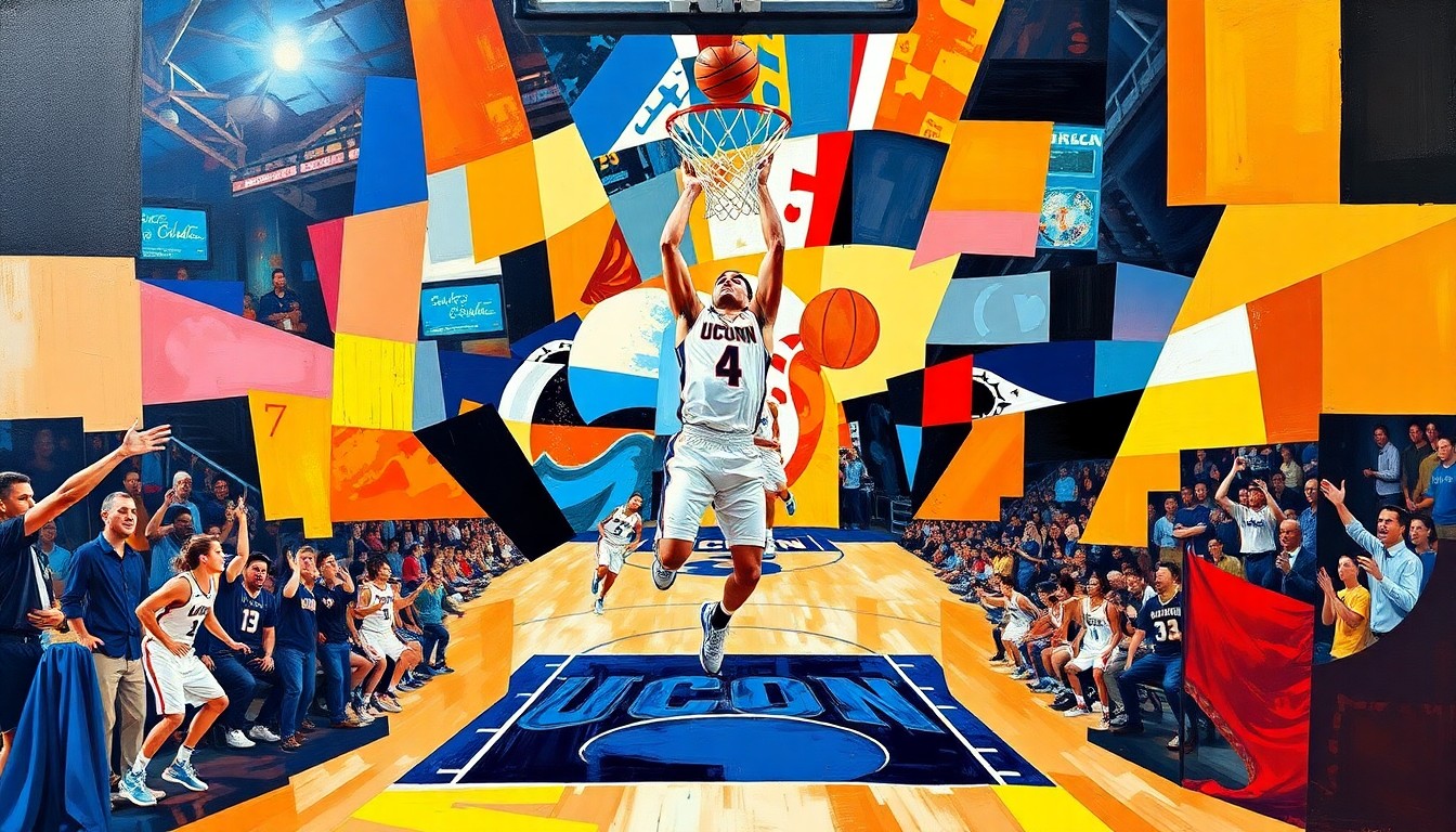 A cubist, geometric painting depicting the chaotic, multi-angled moment of a UConn basketball player taking and making a game-winning buzzer-beater shot, with the court and players fragmented into sharp, overlapping planes of vibrant colors.