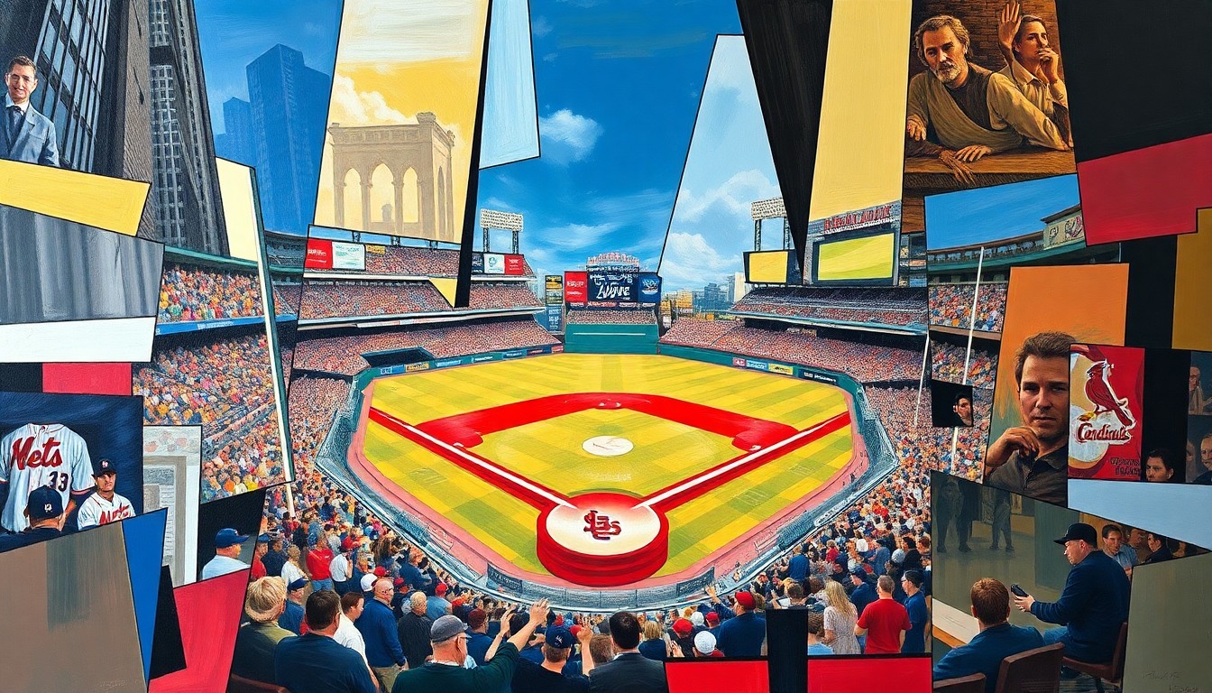 A cubist, geometric painting depicting a baseball game in motion, with players and the field fragmented into sharp, overlapping shapes and planes in a vibrant color palette.