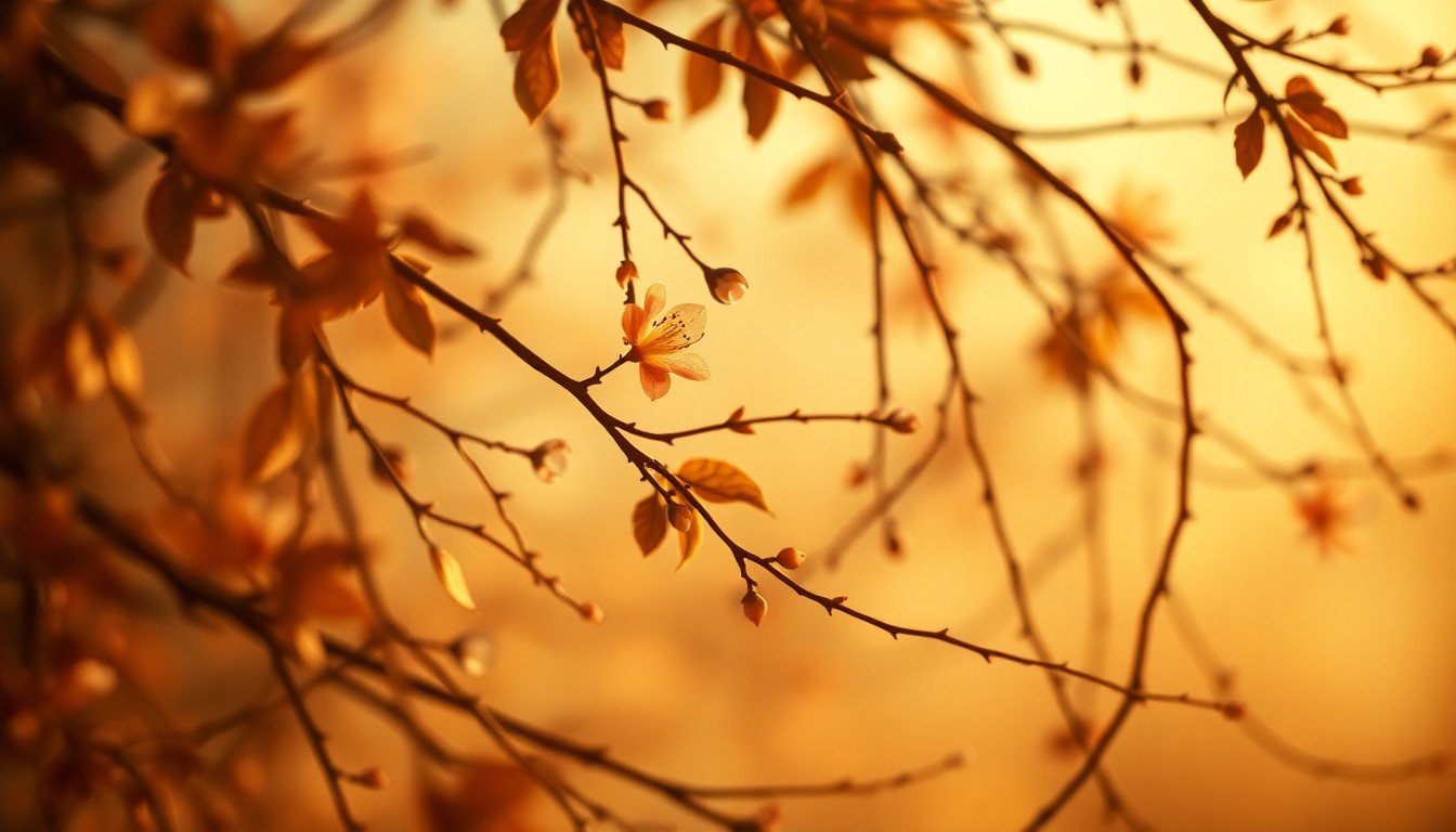 An abstract, out-of-focus photograph in warm, earthy tones depicting intertwining natural elements such as leaves, flowers, and branches, evoking a sense of tranquility, memory, and the cyclical nature of life.