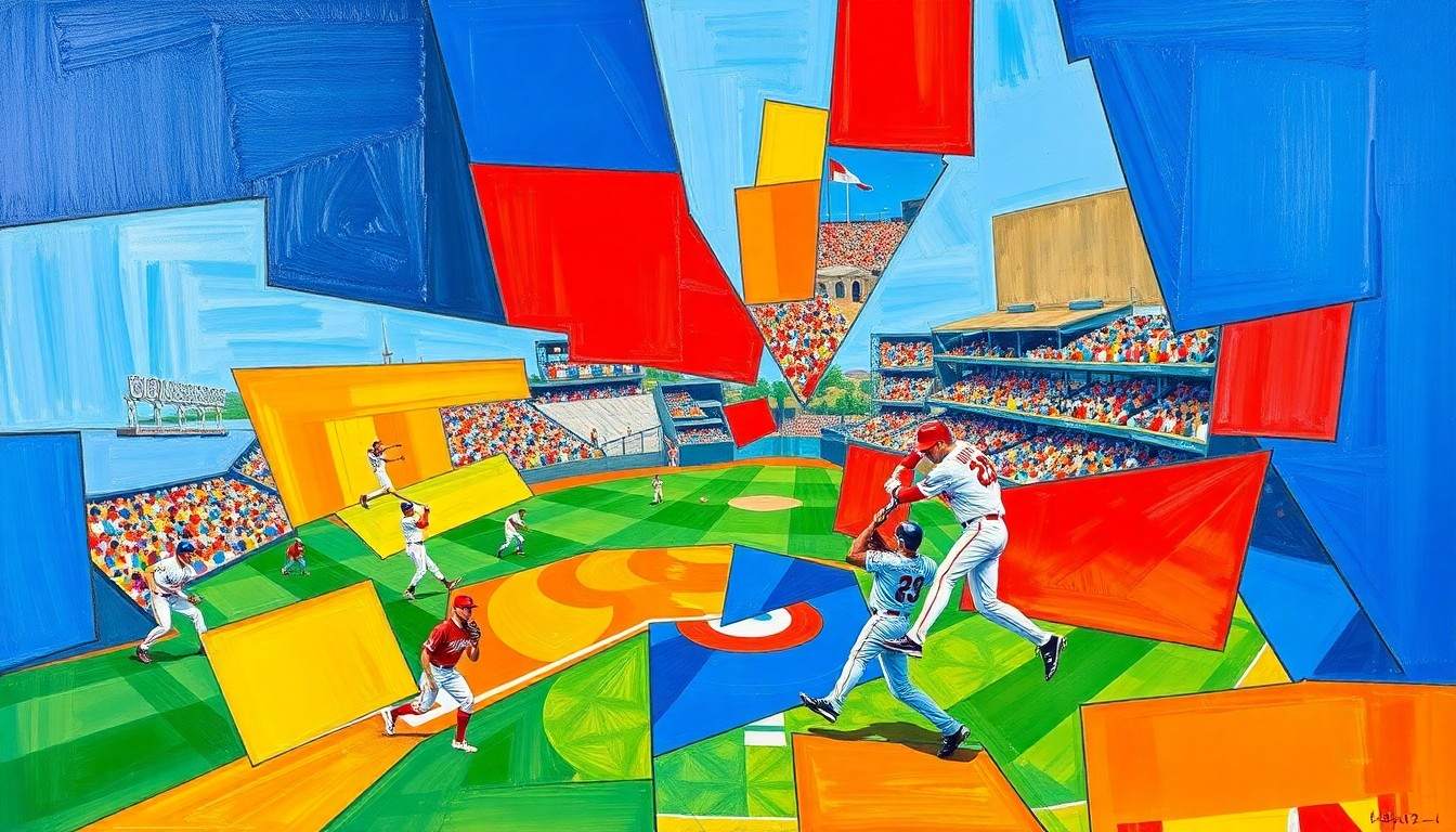 A fragmented, geometric painting depicting a baseball game or players' actions, with sharp planes of vibrant blue, red, and yellow colors, conveying the raw energy and emotion of the Blue Jays' World Series run.