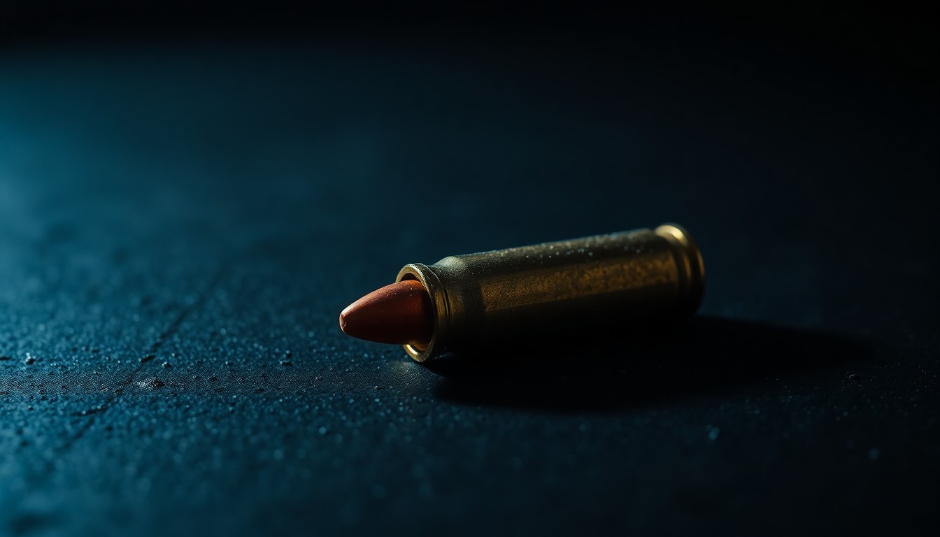 An extreme close-up photograph of a single spent bullet casing on a dark, textured surface, lit by a harsh, direct camera flash, conceptually representing the physical evidence from a recent shooting incident.