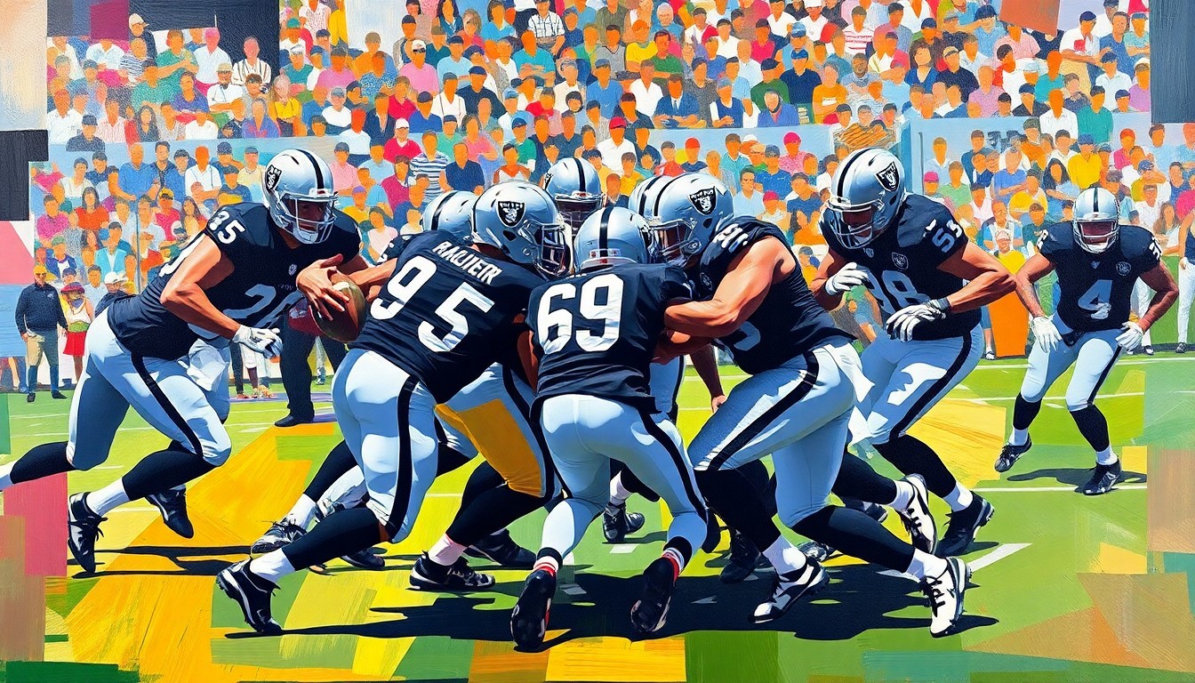 A cubist-style painting depicting a Raiders defensive play, with the players and field broken down into sharp, overlapping geometric shapes in the team's colors.