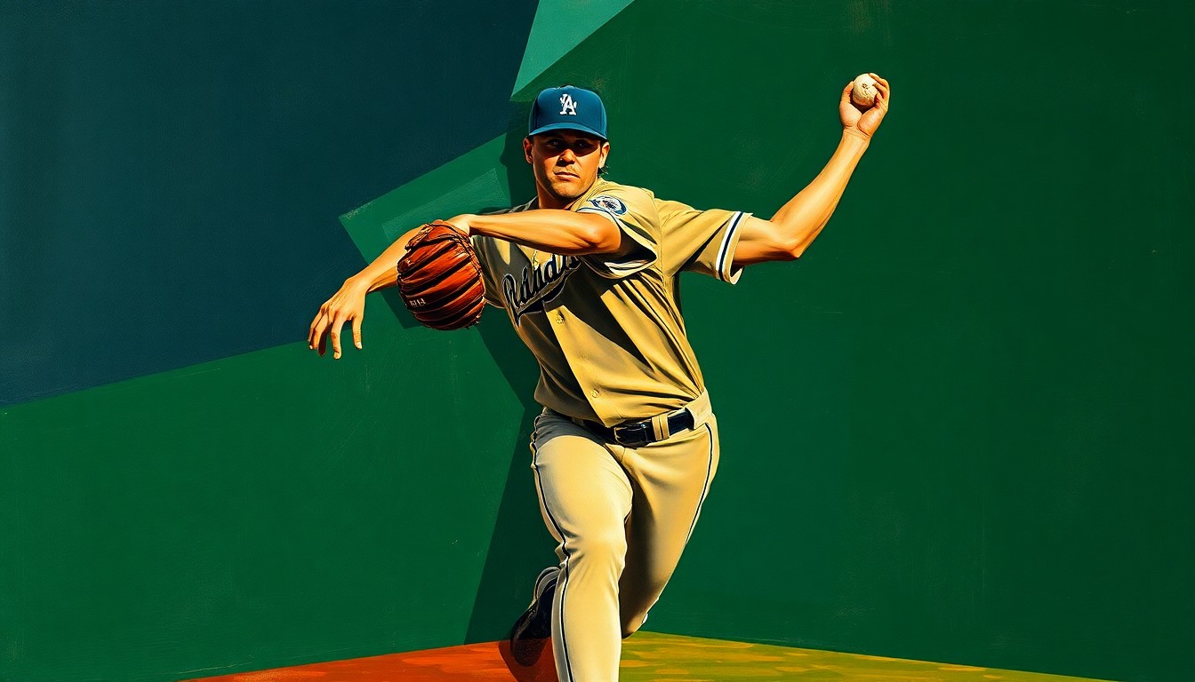 A fragmented, cubist-style painting depicting the motion of a baseball pitcher's delivery, with sharp, overlapping planes of color in muted tones of navy, green, and ochre.