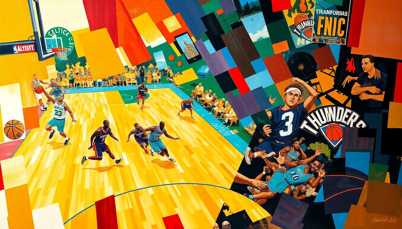 A fractured, abstract painting depicting an NBA basketball game broken down into sharp, overlapping geometric shapes and planes in vibrant team colors, conveying the fast-paced action and strategic depth of professional basketball.