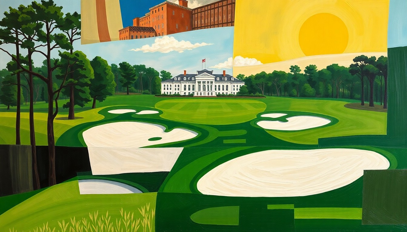 A cubist, geometric painting depicting an abstract golf tournament scene with overlapping planes of green fairways, white bunkers, and the iconic Augusta National clubhouse in the background, conveying the energy and complexity of the prestigious event.