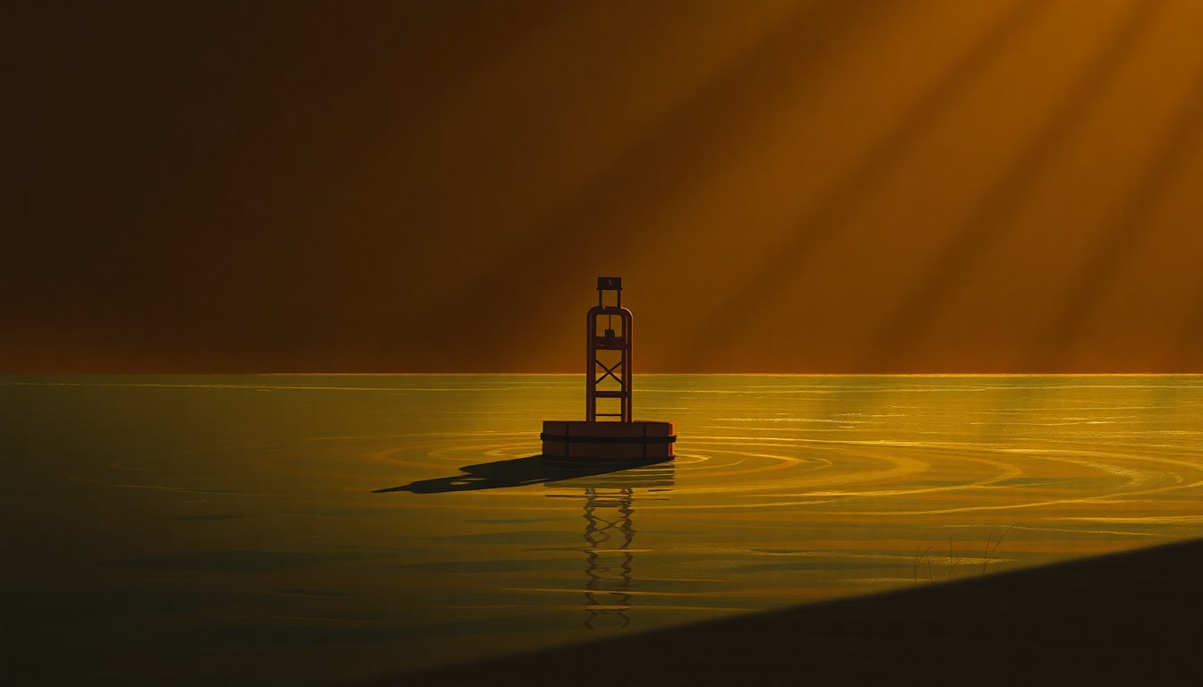 A serene, photorealistic painting of a single border buoy floating in the Rio Grande, the water and surrounding landscape rendered in muted earth tones and dramatic lighting, conveying a sense of quiet contemplation about the potential consequences of this proposed infrastructure.