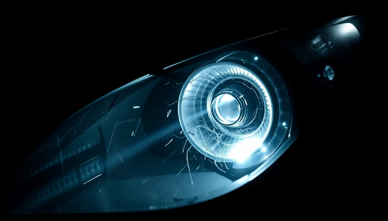 An extreme close-up photograph of a damaged car sensor or headlight lens, lit by a harsh, direct camera flash against a pitch-black background, conceptually illustrating the gritty investigation into a hit-and-run collision.