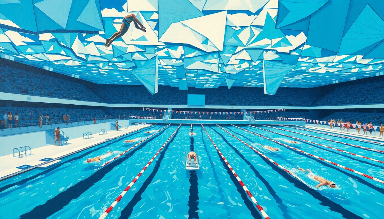 A fractured, cubist-style painting depicting the chaotic energy and movement of a college swimming competition, with geometric shapes and planes of blue, green, and white representing the water, swimmers, and diving platforms.