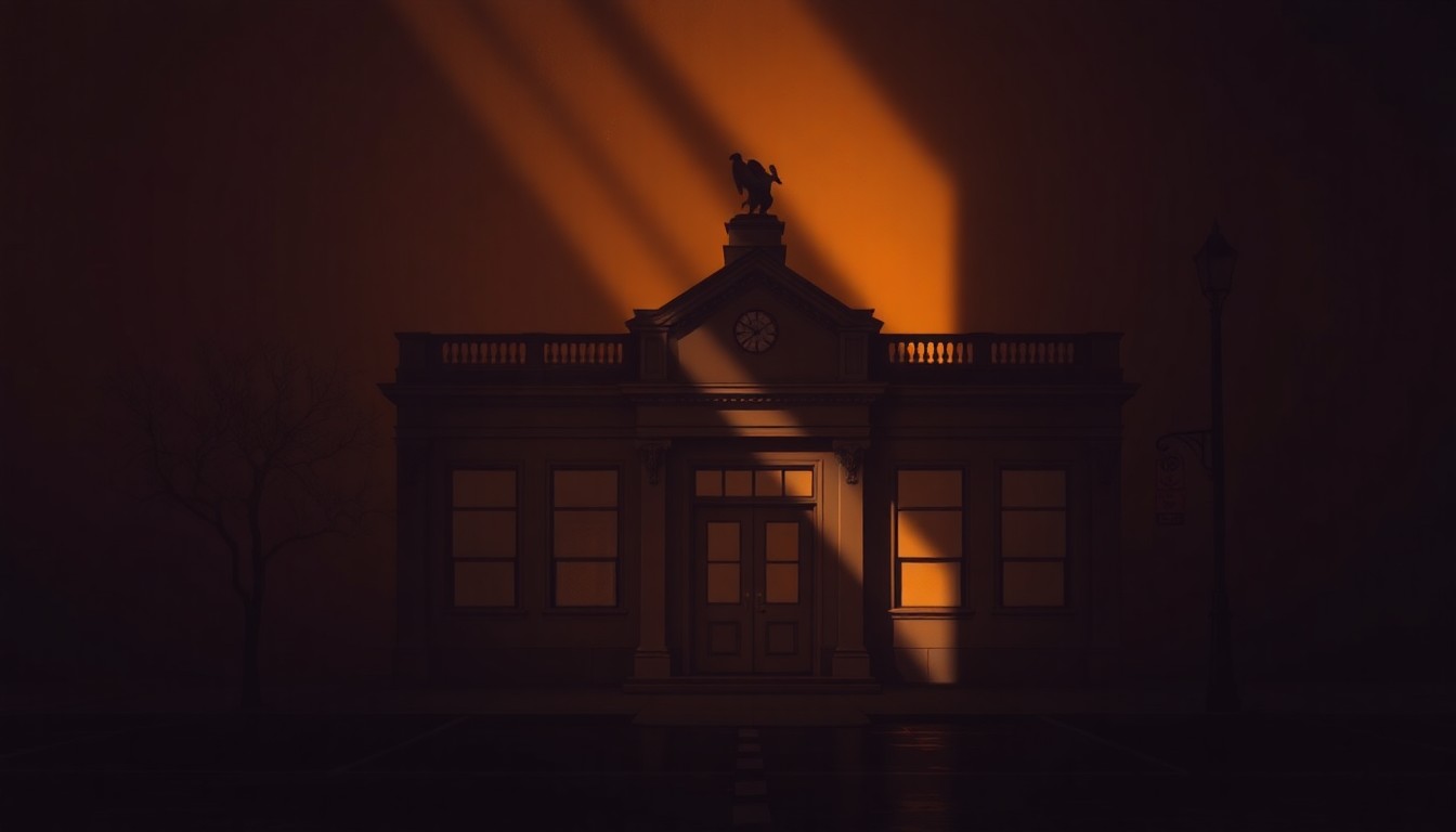 A photorealistic painting of a municipal building in warm, golden sunlight, with deep shadows casting across the facade, conveying a sense of quiet contemplation about the role of local government.