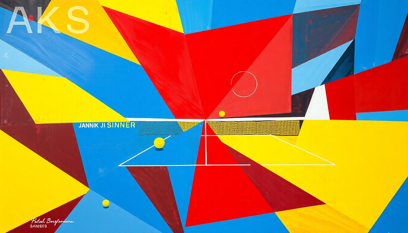 A fractured, geometric painting depicting a tennis match, with sharp planes of color representing the dynamic action on the court.
