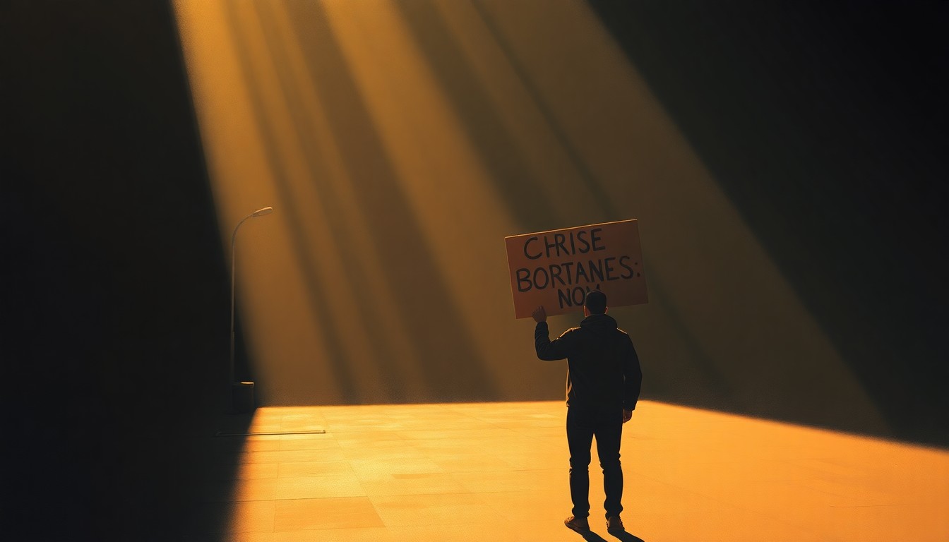A textured oil painting depicting a lone protestor holding a sign in a sunlit urban setting, conveying the quiet, contemplative mood of political dissent.