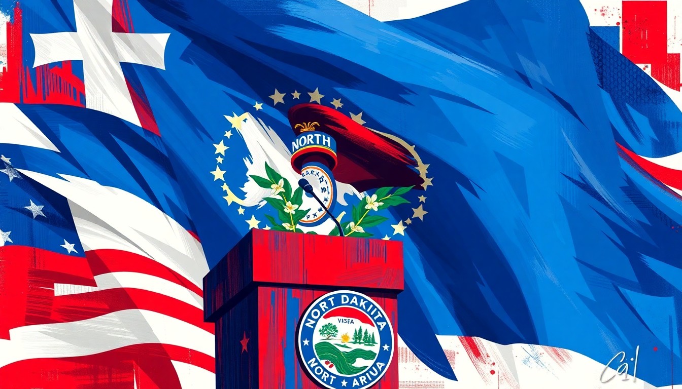 A dynamic, abstract painting featuring overlapping geometric shapes and waves of red, white, and blue colors, representing the energy and competition of the NDGOP convention and the upcoming U.S. House race.