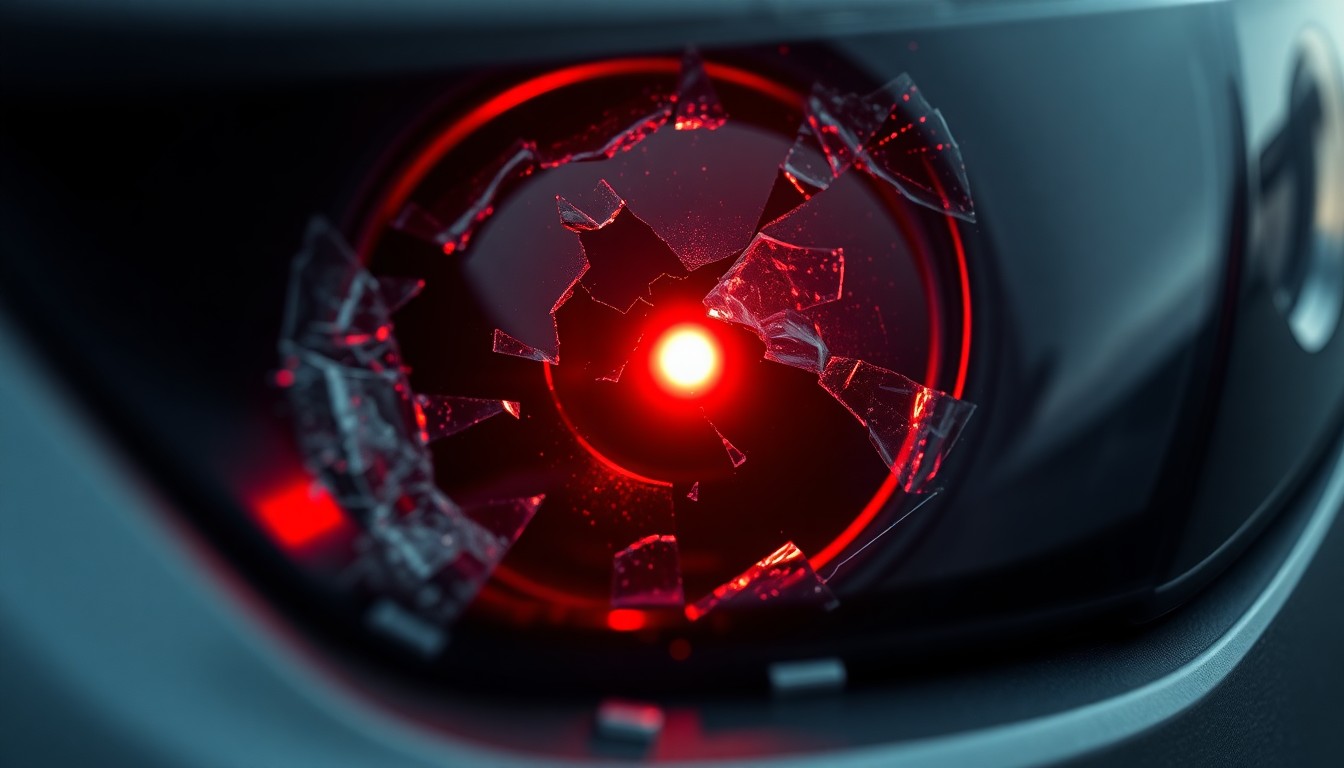 An extreme close-up of a shattered car sensor lens reflecting a faint red light, conceptually illustrating the vandalism of self-driving cars.