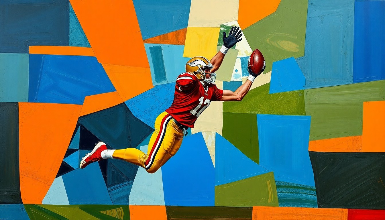 A fragmented, geometric painting depicting a football player in mid-air making a catch, the figure broken down into sharp, overlapping planes of vibrant blue, orange, and green hues.