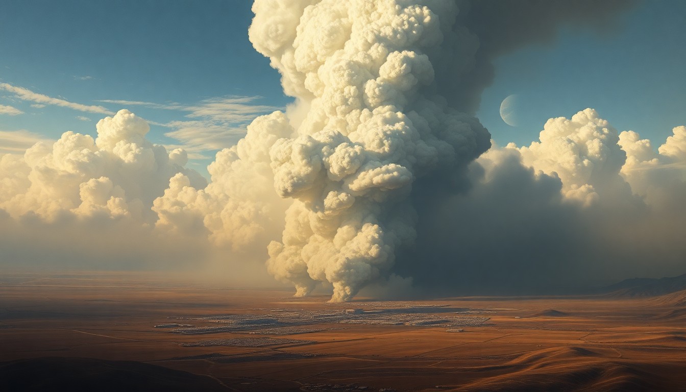 A sweeping, atmospheric landscape painting depicting a massive, billowing plume of smoke obscuring the details of a military base and the surrounding area, conveying the overwhelming scale and power of the natural disaster unfolding.