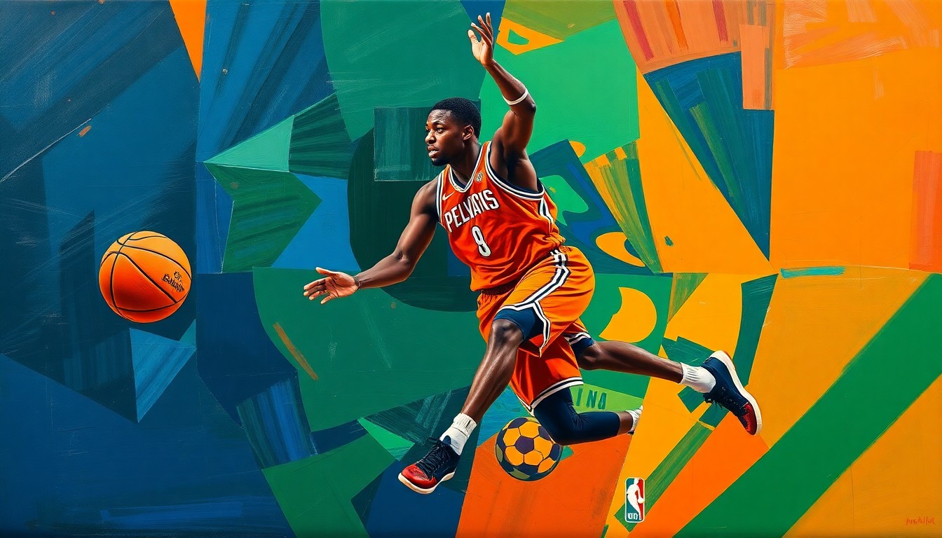 A fractured, cubist-style painting depicting the dynamic movements and skills of a basketball player, with sharp geometric planes in shades of blue, green, and orange.