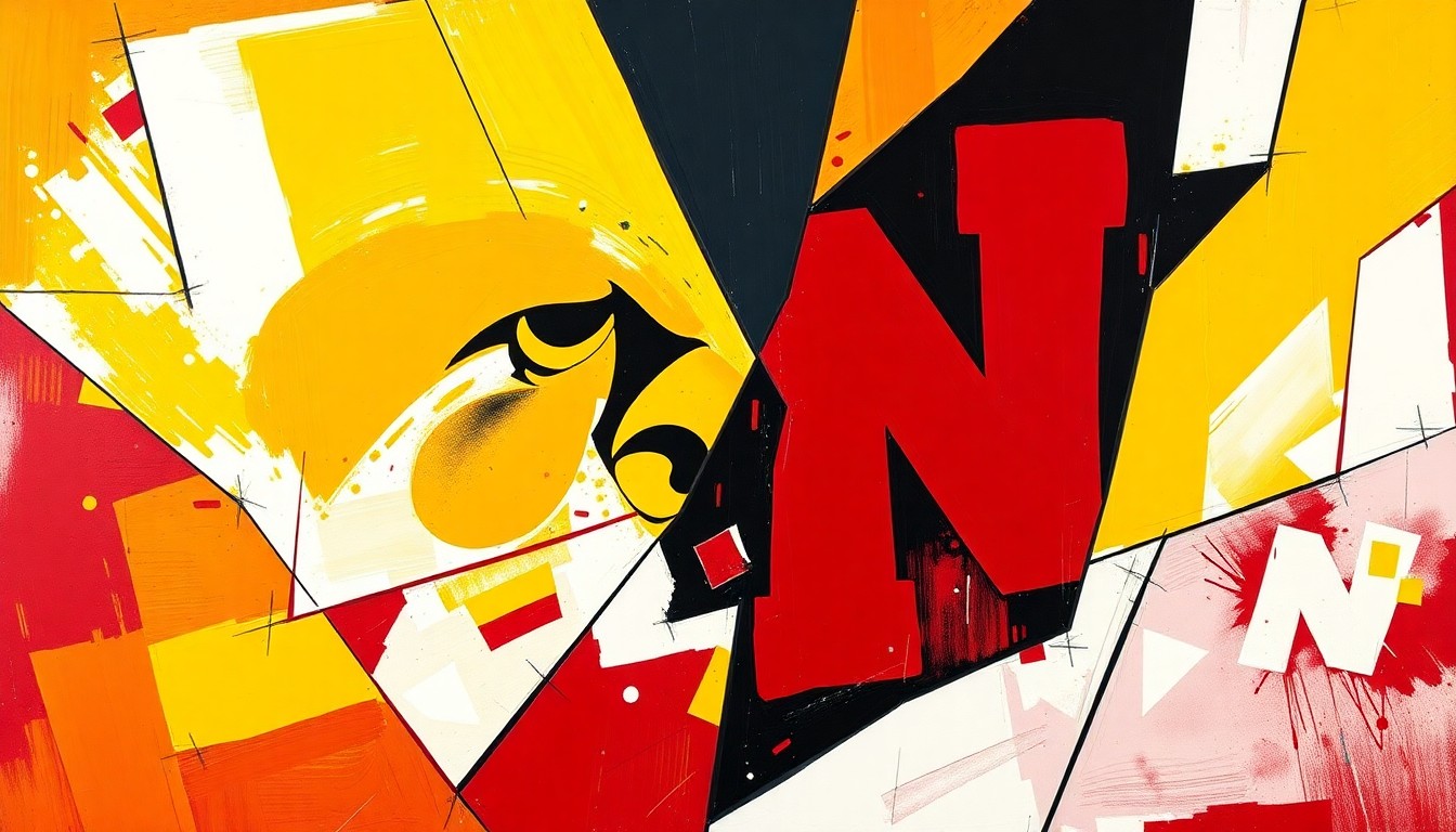 A fragmented, abstract painting in bold colors depicting an intense basketball game, with sharp geometric shapes and planes representing the competitive spirit and mutual admiration between the Iowa and Nebraska teams.