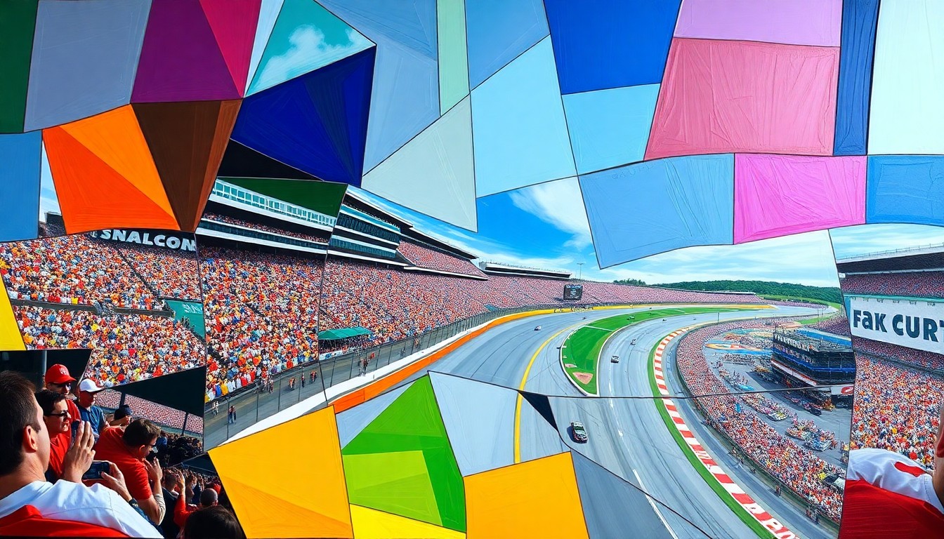 A fragmented, cubist-style painting depicting the NASCAR Cook Out 400 race at Martinsville Speedway, with overlapping geometric shapes and planes of color representing the high-intensity action on the track.