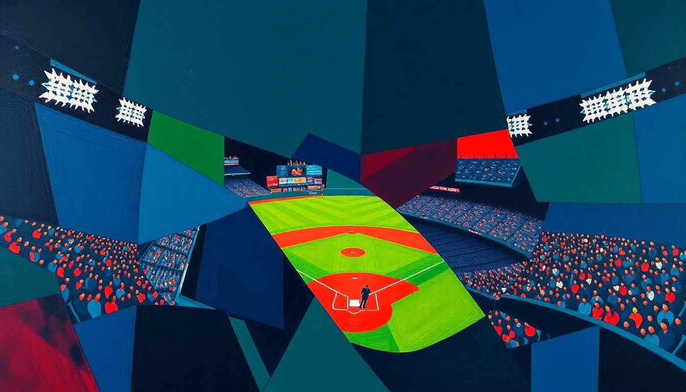 A fractured, geometric painting in navy, green, and red tones, depicting the action of a baseball game in an abstract, deconstructed style.