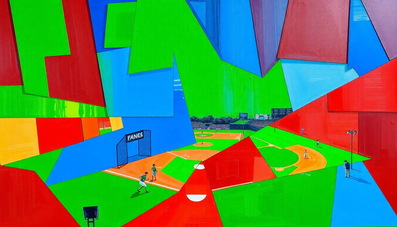 A cubist, geometric painting depicting a high school softball game broken down into sharp, overlapping planes of bright green, royal blue, and crimson, conveying the dynamic energy and fragmented perspectives of the lopsided contest.