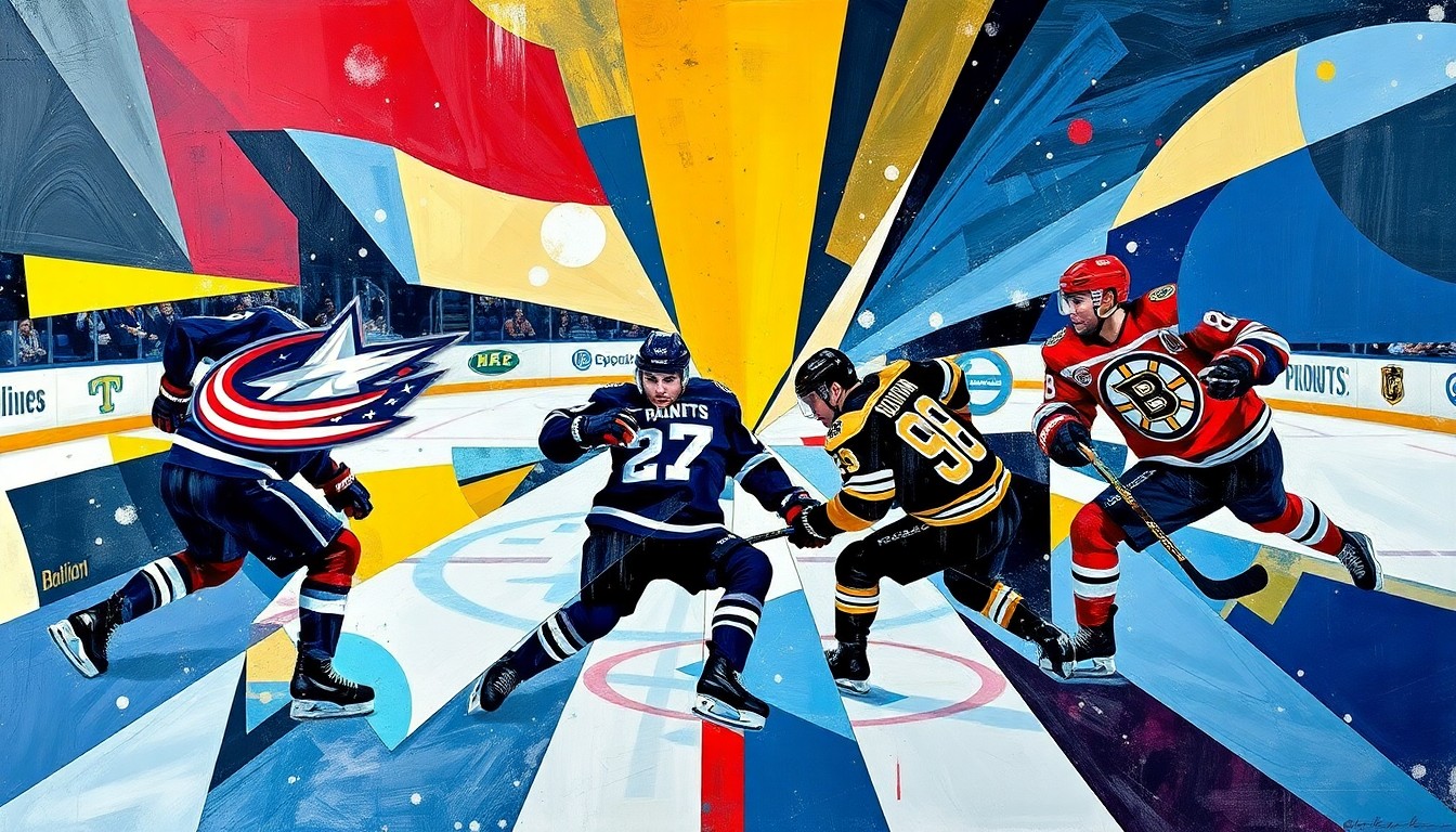 A dynamic, geometric painting in bold blues, reds, blacks, and golds, representing the clash and collision of a high-stakes hockey game between two playoff-contending teams.
