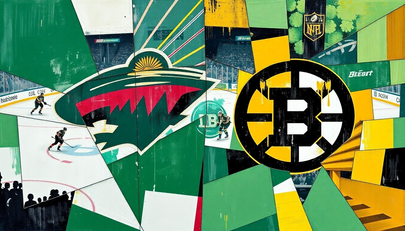 A fractured, multi-perspective painting in a cubist style, featuring sharp, overlapping geometric planes in vibrant colors representing a hockey game between the Minnesota Wild and Boston Bruins. The illustration captures the dynamic energy and intensity of the matchup without any identifiable elements.