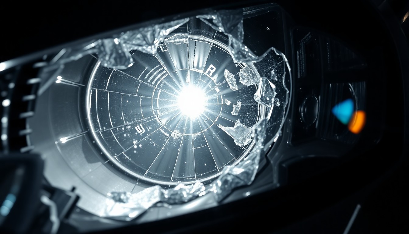 An extreme close-up photograph of a shattered car headlight lens reflecting a single beam of light, conceptually illustrating the aftermath of a serious vehicle collision.