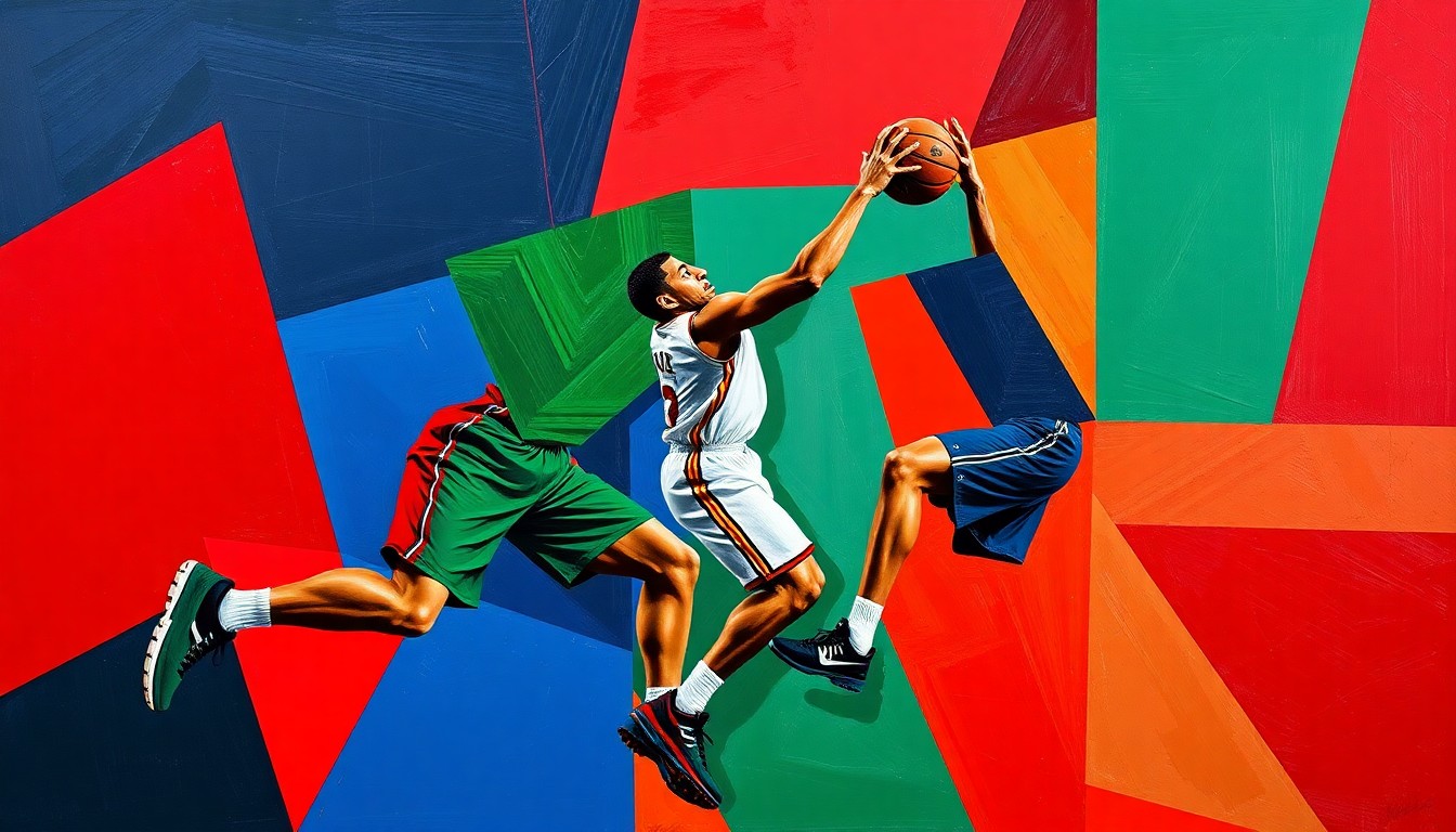 A cubist, geometric painting depicting the fractured movements and energy of a basketball defensive play, with sharp, overlapping shapes and lines in a vibrant color palette representing the player's defensive intensity.
