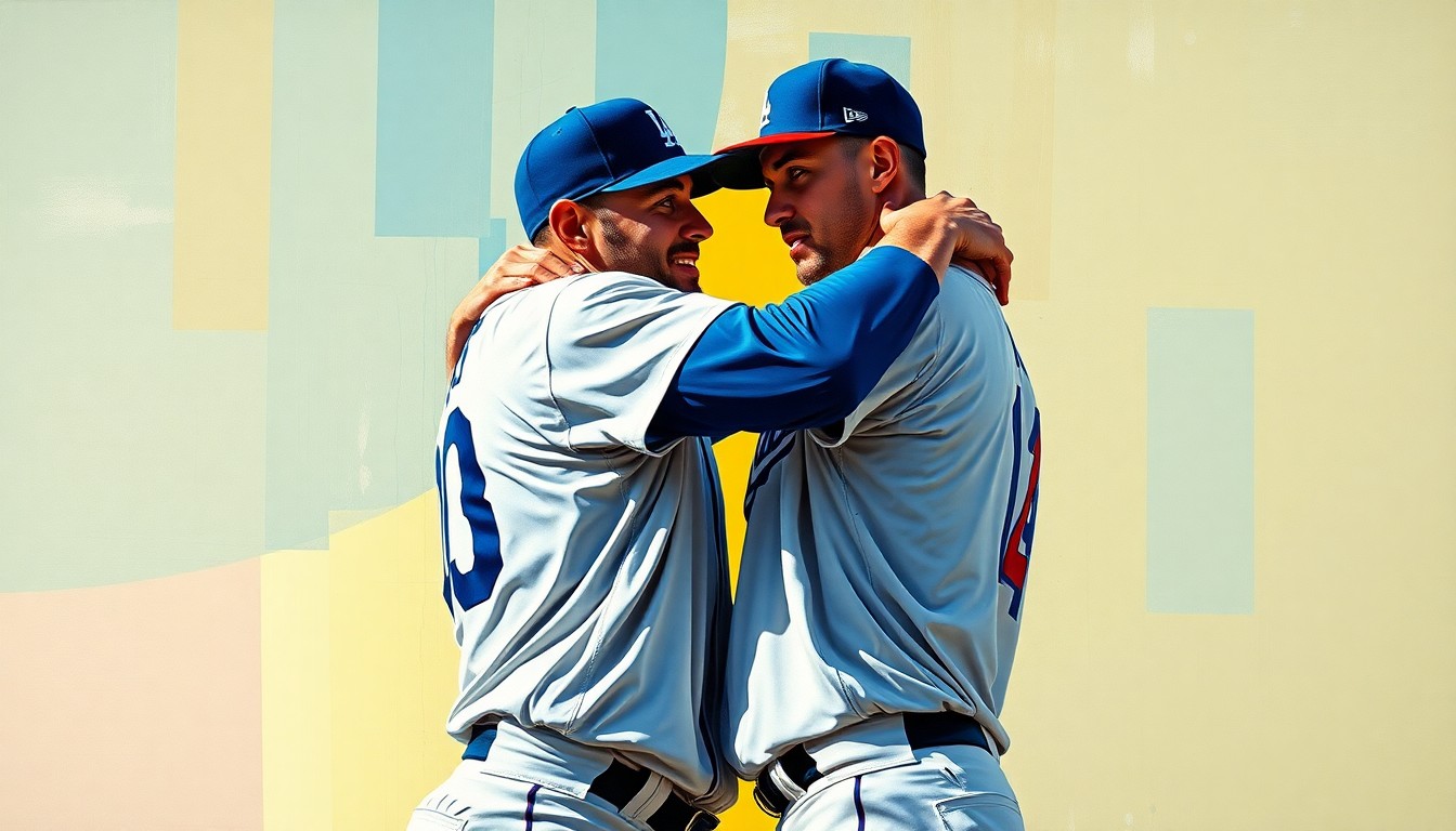 A cubist, geometric painting depicting the embrace between Dodgers first baseman Freddie Freeman and Diamondbacks second baseman Ketel Marte, with the players' forms broken down into sharp, overlapping planes of vibrant colors.