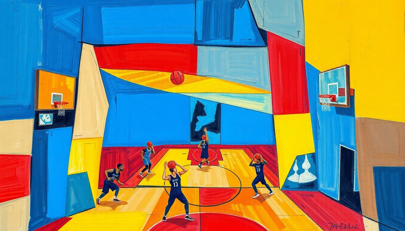 A cubist, geometric painting depicting fragmented basketball players and court elements in a vibrant color palette, conceptually representing the rebuilding of Kentucky's roster through the transfer portal.