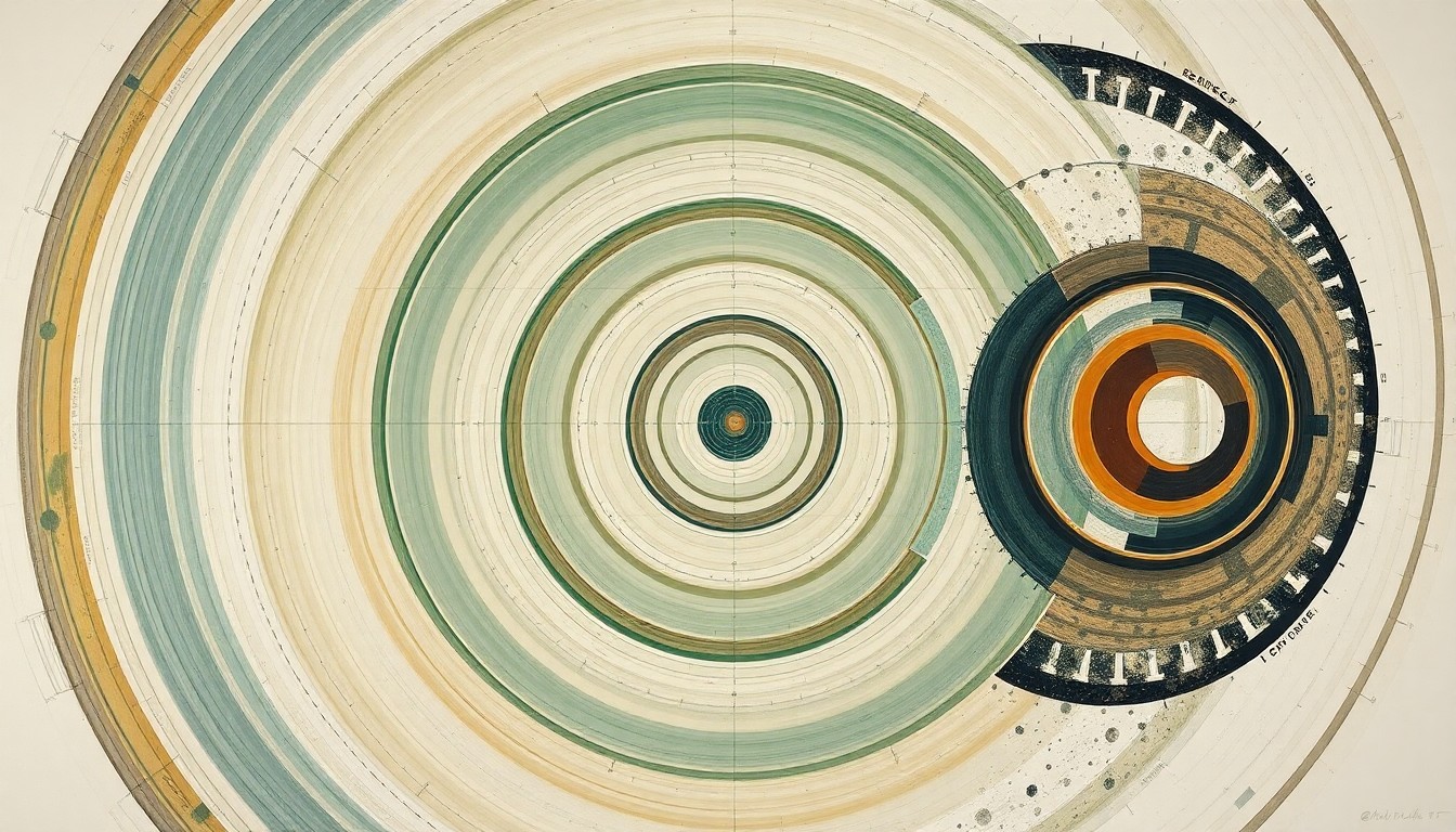 A highly textured, abstract painting in muted earth tones depicting a complex web of intersecting geometric shapes and organic forms, conceptually representing the disruption to the global scientific community caused by changes to research funding and collaboration policies.