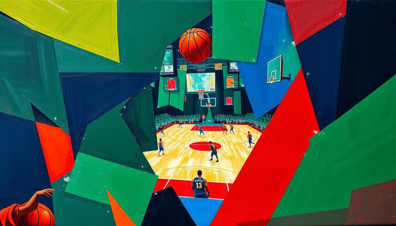 A cubist, geometric painting depicting a fragmented basketball game, with sharp planes of navy, green, and red conveying the intensity and energy of the championship match.