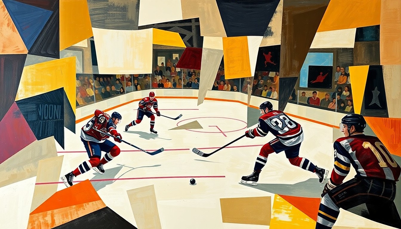 A cubist, geometric painting depicting a hockey game, with the players and puck abstracted into sharp, overlapping planes of color and form, capturing the dynamic energy of the sport.
